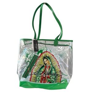Ed Hardy Virgin de Guadalupe Green with Clear Floral Tote Bag NWT